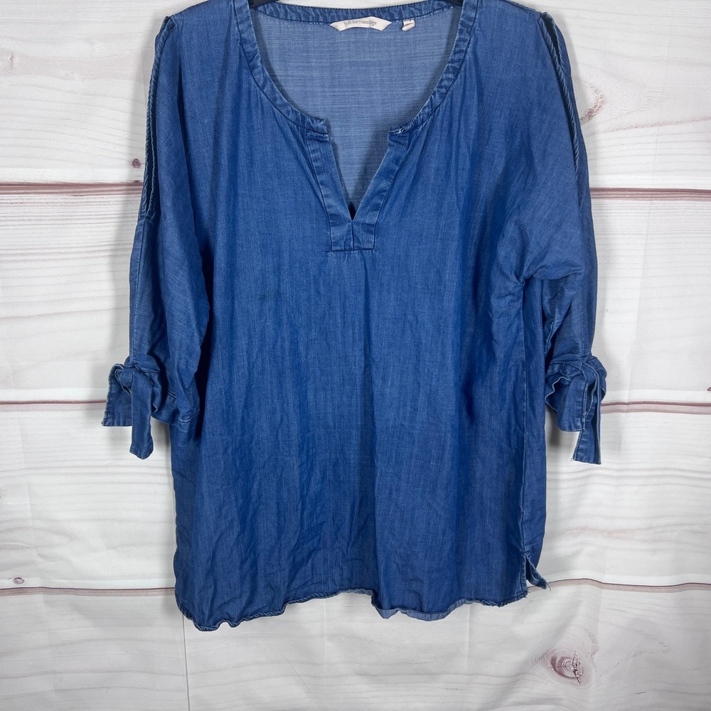 Soft Surroundings Top Womens Large Blue Chambray Split Sleeve Tie Cuff Tunic